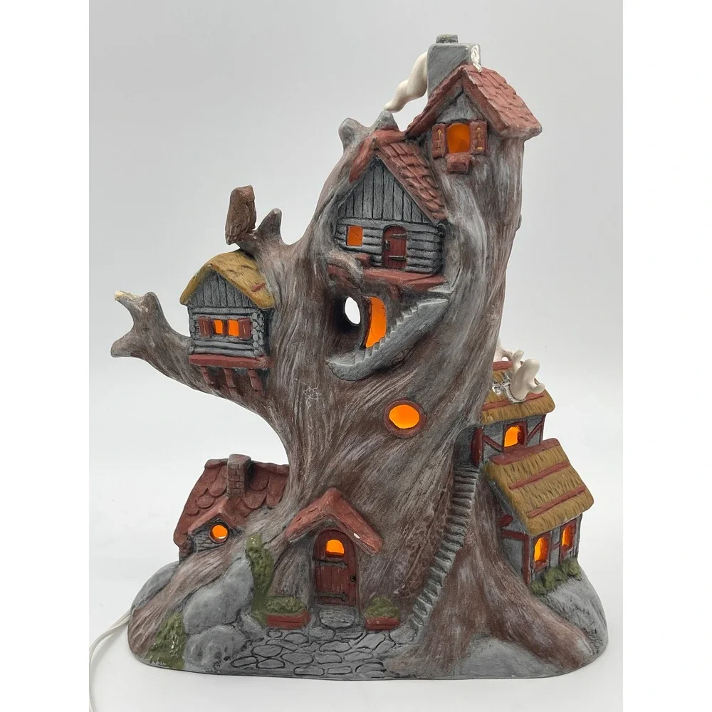 Vintage Halloween Haunted Tree House Ceramic Lighted Village Ghost Pumpkin Owl